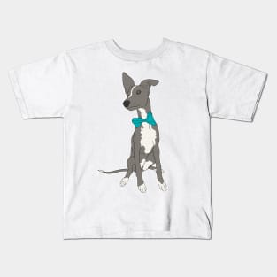 Cute Grey Italian Greyhound with bright teal bow Kids T-Shirt